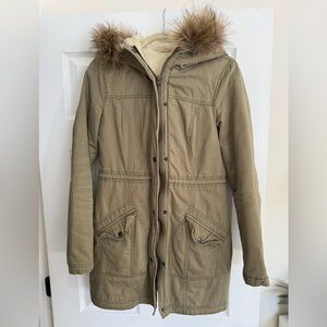Hollister Olive Green Parka with Faux Fur Hood